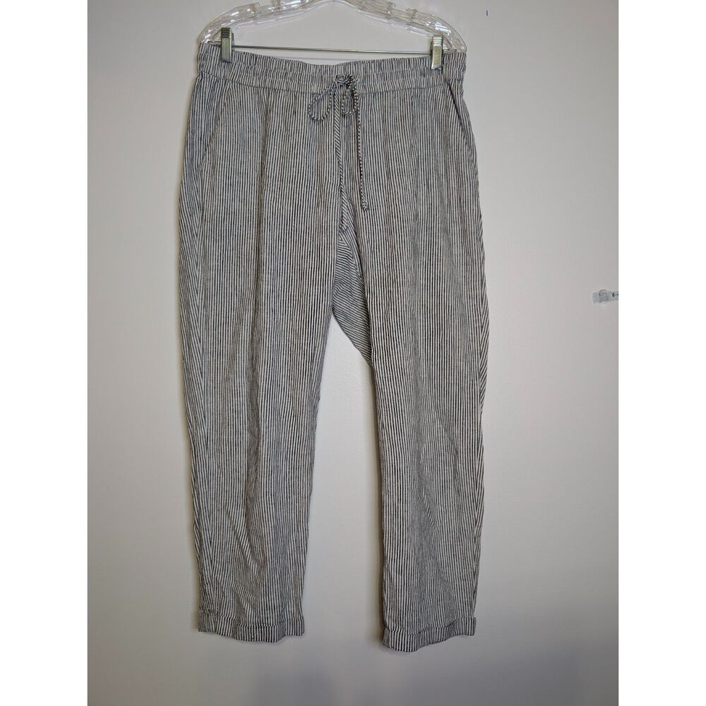 J. Crew Navy Striped Linen-Cotton Blend Drawstring Pants Size 12 Summer Vacation - Picture 2 of 8